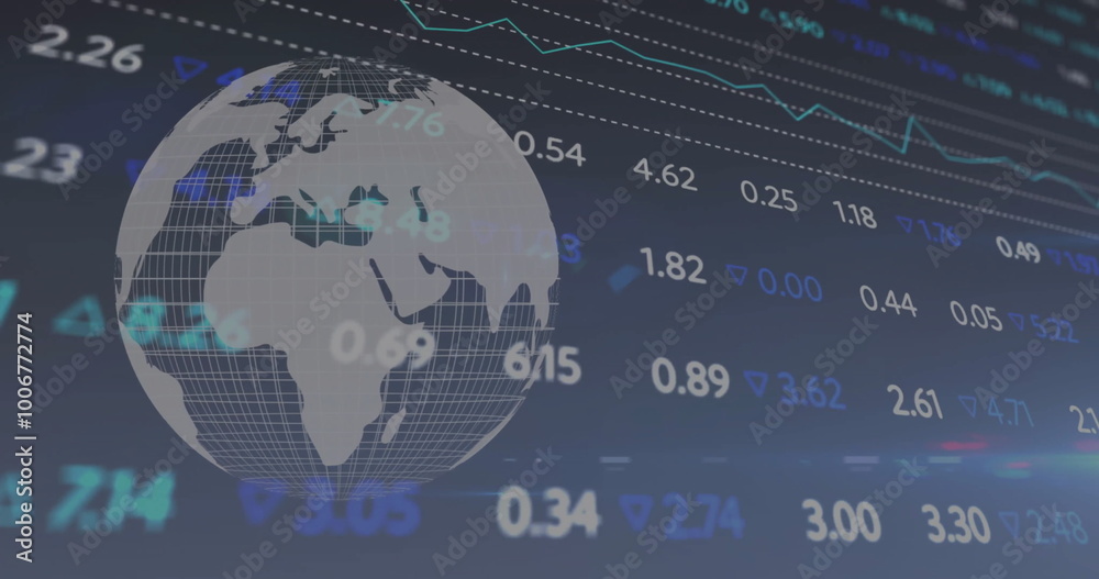 Image of financial data processing over globe Image of financial data processing over globe