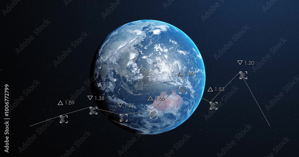 Naklejka premium Image of charts processing data over globe on black background