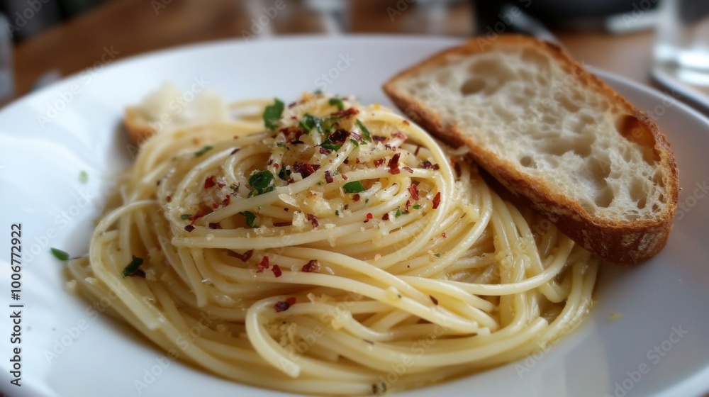 A vibrant plate of spaghetti aglio e olio, featuring garlic, olive oil, and chili flakes, served with a side of crusty bread, highlighting simplicity and flavor. A vibrant plate of spaghetti aglio e olio, featuring garlic, olive oil, and chili flakes, served with a side of crusty bread, highlighting simplicity and flavor.