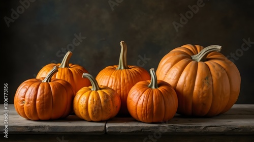 Moody Still Life of Assorted 5 Pumpkins, shot against a dark backdrop with copy space