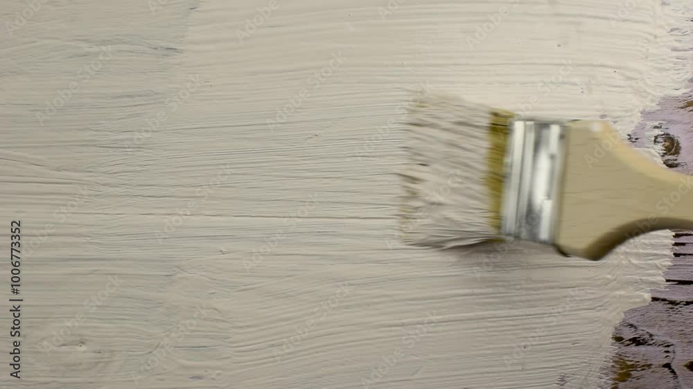 A brush with light paint paints a wooden table.