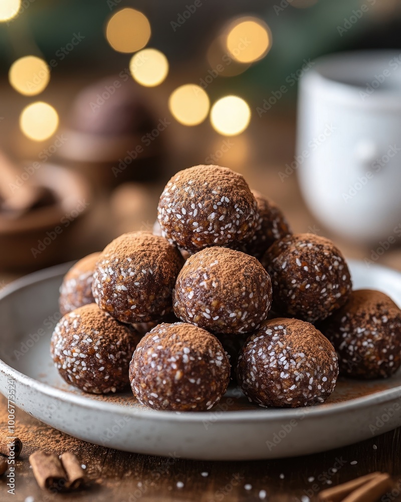 A tempting plate of chocolate energy balls dusted with powdered sugar, set against a cozy backdrop with soft bokeh lights, Perfect for food blogs, recipe books, or health product promotions,