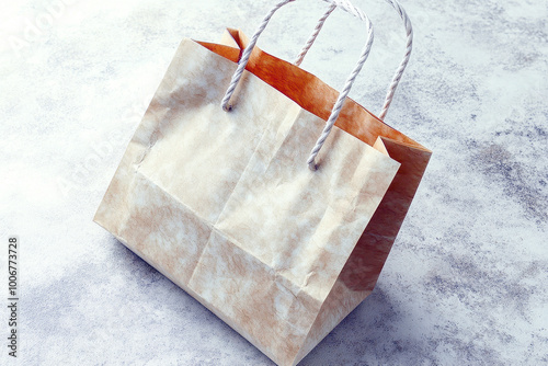 Wrinkled brown paper shopping bag with twisted handles, on textured surface photo