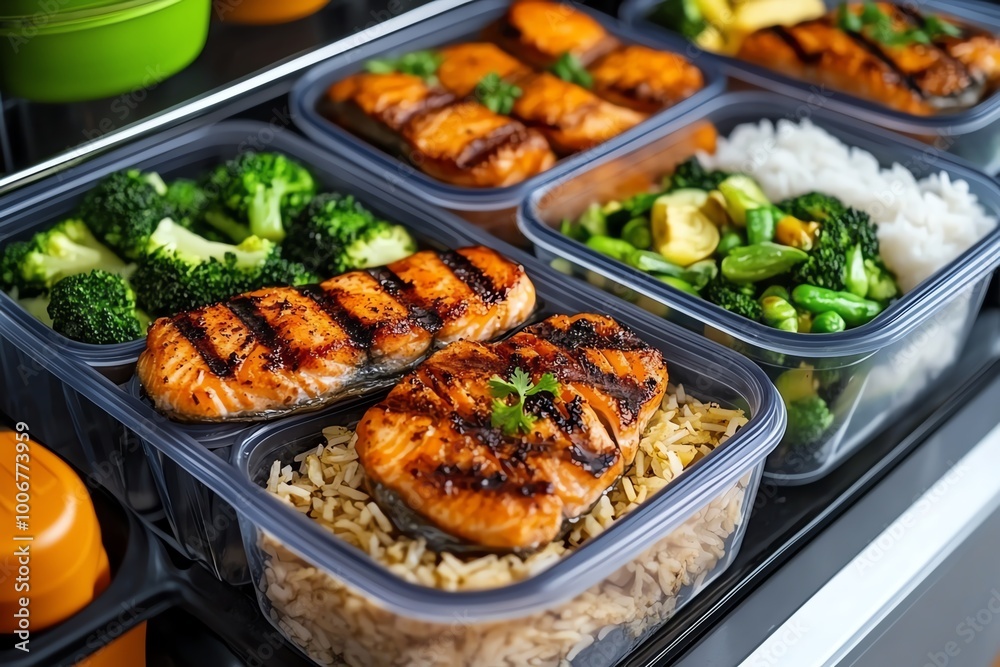 A clean and organized fridge filled with meal-prepped containers, featuring balanced portions of grilled fish, rice, and steamed vegetables.