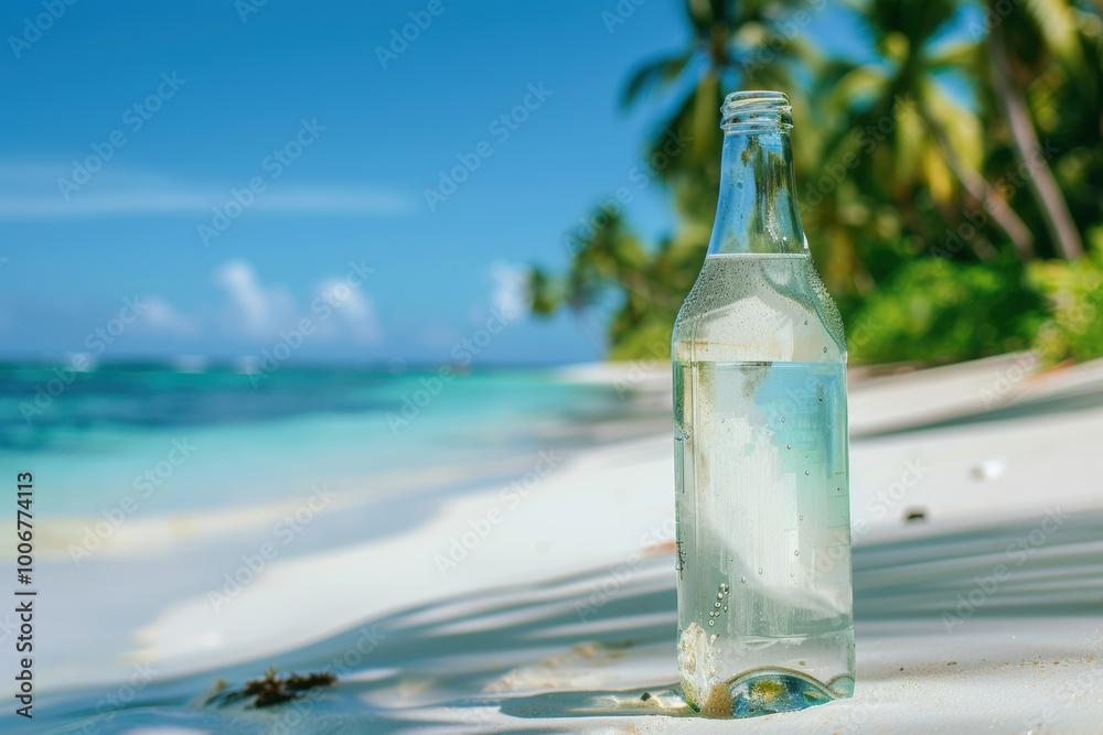 A glass bottle of water on a pristine summer beach. Lush palm trees sway gently on the background and crystal-clear turquoise water laps at the shore. A glass bottle of water on a pristine summer beach. Lush palm trees sway gently on the background and crystal-clear turquoise water laps at the shore.