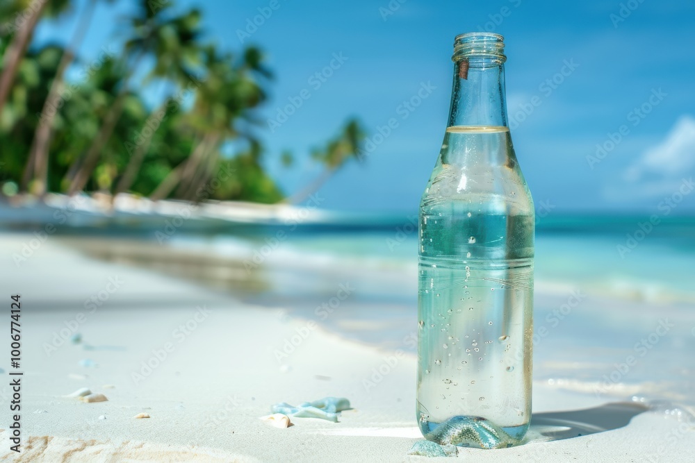 A clear glass bottle resting on the sandy shore, surrounded by palm trees under a bright blue sky during the daytime, showcasing a tranquil tropical beach setting A clear glass bottle resting on the sandy shore, surrounded by palm trees under a bright blue sky during the daytime, showcasing a tranquil tropical beach setting