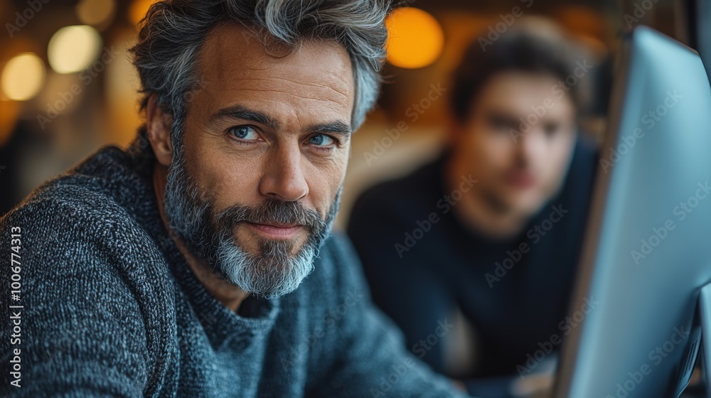 Businessman explaining something to a colleague at a computer, depicting a professional office environment. Businessman explaining something to a colleague at a computer, depicting a professional office environment.