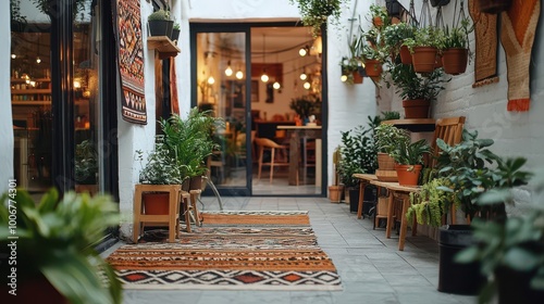 Bohemian beauty salon exterior with eclectic decor, hanging plants, colorful tapestries, relaxed atmosphere, Beauty Salon, Bohemian Vibe