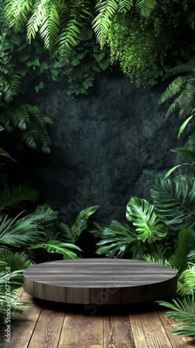  Mock up Dark wooden podium with lush green ferns and tropical jungle theme. Pedestal stage for eco-friendly product presentation. Natural scene for advertising. Sale promotion background.  photo