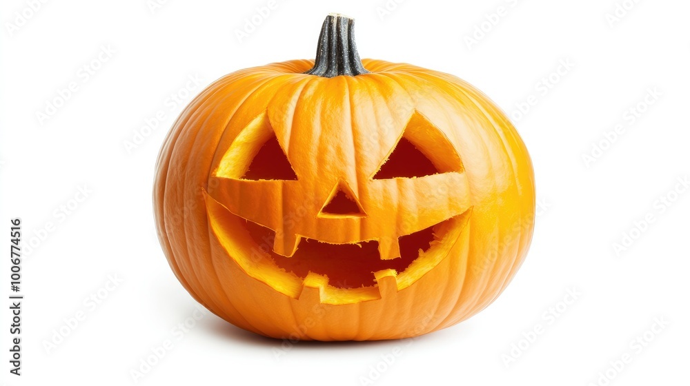 A bright orange Halloween pumpkin with a carved spooky face, isolated on a clean white background, perfect for seasonal decorations and themes. A bright orange Halloween pumpkin with a carved spooky face, isolated on a clean white background, perfect for seasonal decorations and themes.