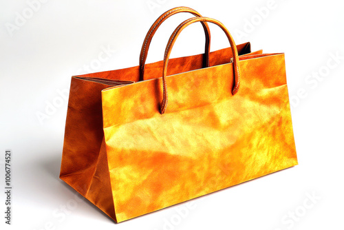 Vibrant orange shopping bag with leather handles on white background photo