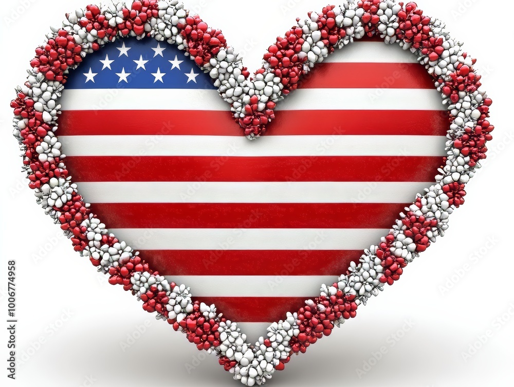 Obraz premium American Flag Heart with Red, White, and Blue Floral Border, USA patriotism concept