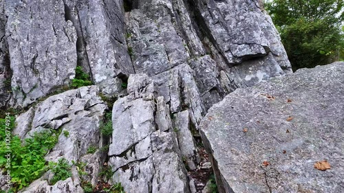 Close-up view from the cave of Lorette-Rochefort cliffs formation in Erve valley, Mayenne, France. photo