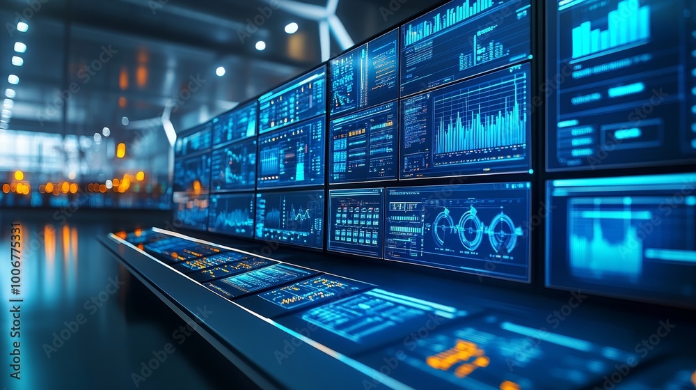 Obraz premium High-tech control room with screens. Monitors show complex data visualizations, highlighting technological advancements.