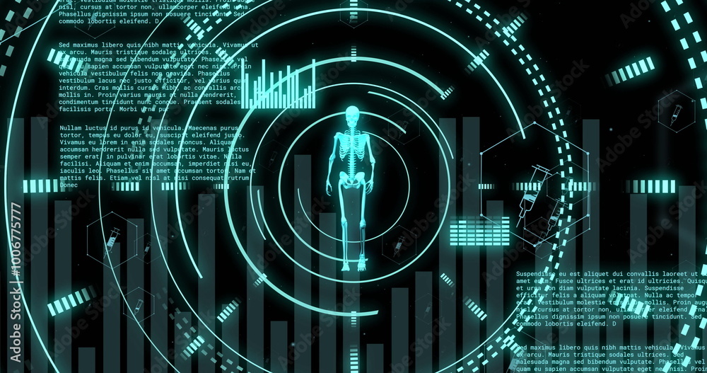 Obraz premium Image of scopes with human skeleton and data processing over black background