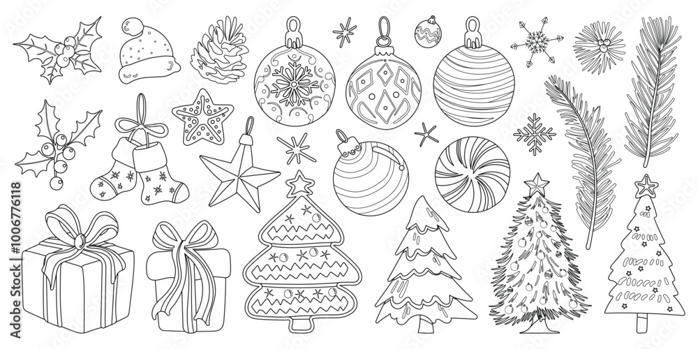 Set of isolated Christmas and New Year party decoration ornaments in cute doodle hand-drawn graphic illustration style on a transparent background. Black outline style. Volume 1. Set of isolated Christmas and New Year party decoration ornaments in cute doodle hand-drawn graphic illustration style on a transparent background. Black outline style. Volume 1.