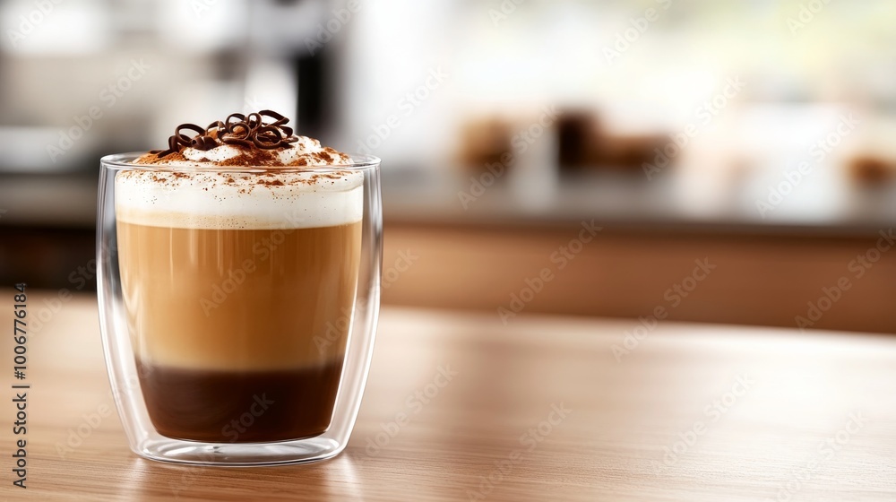 A rich caramel macchiato sits in a double-walled glass, topped with cinnamon and chocolate curls. The café's warm ambiance enhances the cozy atmosphere A rich caramel macchiato sits in a double-walled glass, topped with cinnamon and chocolate curls. The café's warm ambiance enhances the cozy atmosphere