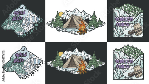 Set of vintage monochrome and colored illustrations with camping tent, bonfire, snowy mountains and bear silhouette, perfect for winter sports, outdoor activities and adventure lovers