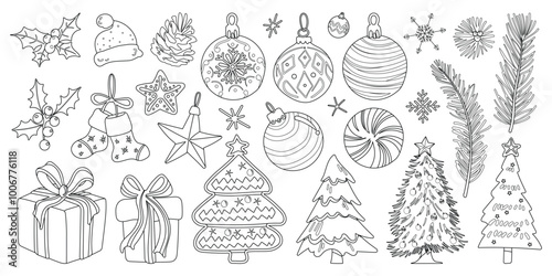 Set of isolated Christmas and New Year party decoration ornaments in cute doodle hand-drawn graphic illustration style on a transparent background. Black outline style. Volume 1.