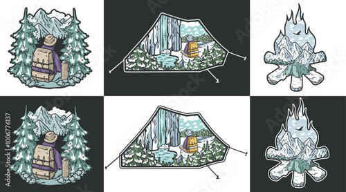 Set of illustrations with a backpacker admiring a snowy mountain landscape and a view from inside a tent of a backpacker enjoying a frozen lake