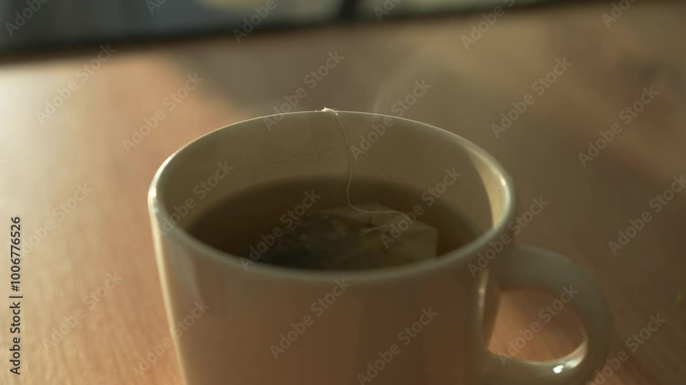 Close-up of tea brewing in a cream mug and steam riding. Cosy morning kitchen scene Close-up of tea brewing in a cream mug and steam riding. Cosy morning kitchen scene