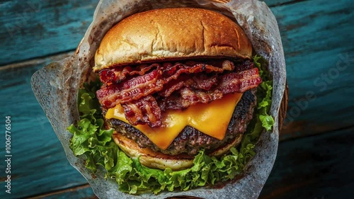 Delicious Bacon Cheeseburger with Fresh Lettuce on Rustic Table