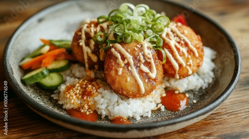 A vibrant serving of korokke on a rustic plate, drizzled with sauce and garnished with green onions, accompanied by a side of steamed rice and pickled vegetables.