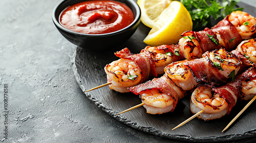 Grilled shrimp wrapped in bacon served with lemon and dipping sauce on a dark plate. photo