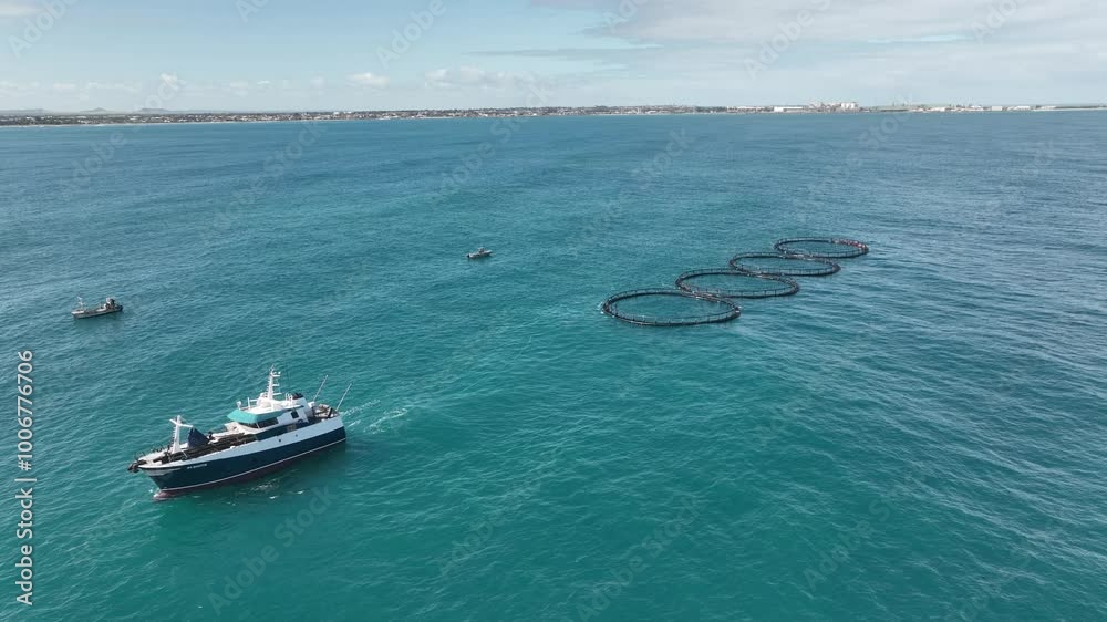A Mid sized marine vessel tows four fish farms along the west Australian coast. A Mid sized marine vessel tows four fish farms along the west Australian coast.
