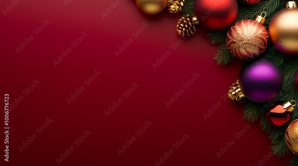 festive christmas decorations on dark red background with copy space in the middle, gold, purple, red, green festive christmas decorations on dark red background with copy space in the middle, gold, purple, red, green