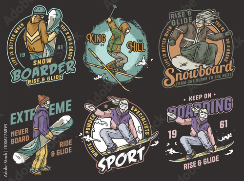 Vibrant vintage badges of men and women snowboarding and skiing on a snowy mountain. Inspiring creativity with a touch of adventure and fun on the slopes