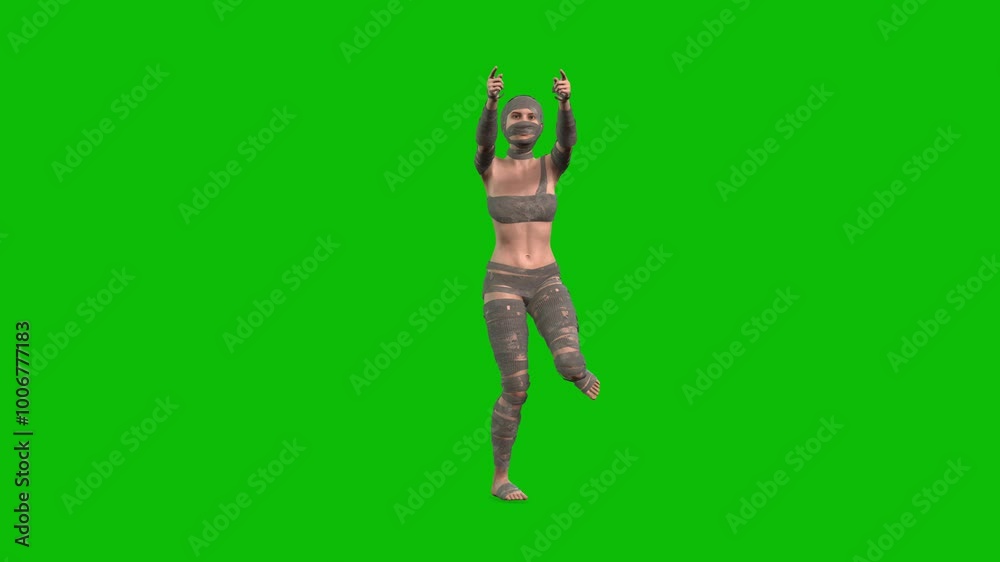 3D female character, woman dressed with mummy bandages dancing shuffle style 1 on green screen, loop 3D animation, 3D female character, woman dressed with mummy bandages dancing shuffle style 1 on green screen, loop 3D animation,