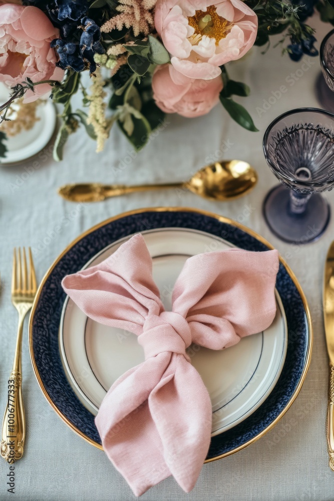Elegant table setting with a pink napkin knot surrounded by floral arrangements at a dining table in soft afternoon light Elegant table setting with a pink napkin knot surrounded by floral arrangements at a dining table in soft afternoon light