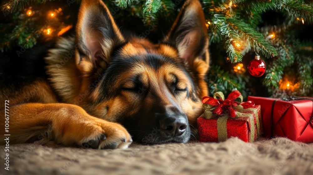 Cute German shepherd Enjoying the Warmth Inside on a Winter Snowy Night: Portrait of a Dog Resting Calmly Next to a Christmas Tree Decorated with Lights and Gifts. Adorable Family Pet Cute German shepherd Enjoying the Warmth Inside on a Winter Snowy Night: Portrait of a Dog Resting Calmly Next to a Christmas Tree Decorated with Lights and Gifts. Adorable Family Pet