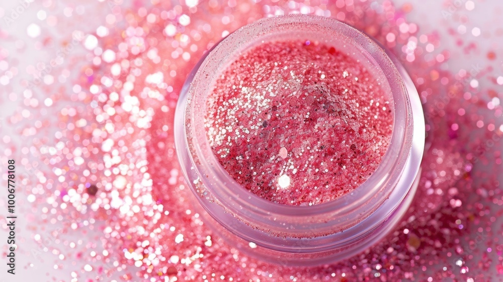 Close-up view of shimmering pink glitter in a clear container surrounded by a sparkling pink background, showcasing the beauty of cosmetics and crafting materials Close-up view of shimmering pink glitter in a clear container surrounded by a sparkling pink background, showcasing the beauty of cosmetics and crafting materials