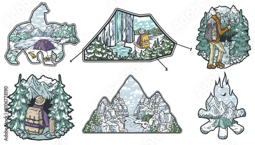 Six colorful illustrations of hikers and campers exploring snowy mountains and forests, immersed in outdoor activities like hiking and camping