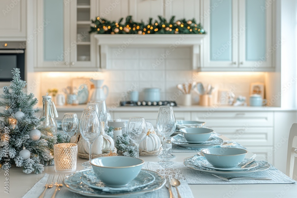 elegant kitchen with white cabinetry, light blue accents, and festive christmas decor, perfect for interior design inspiration elegant kitchen with white cabinetry, light blue accents, and festive christmas decor, perfect for interior design inspiration