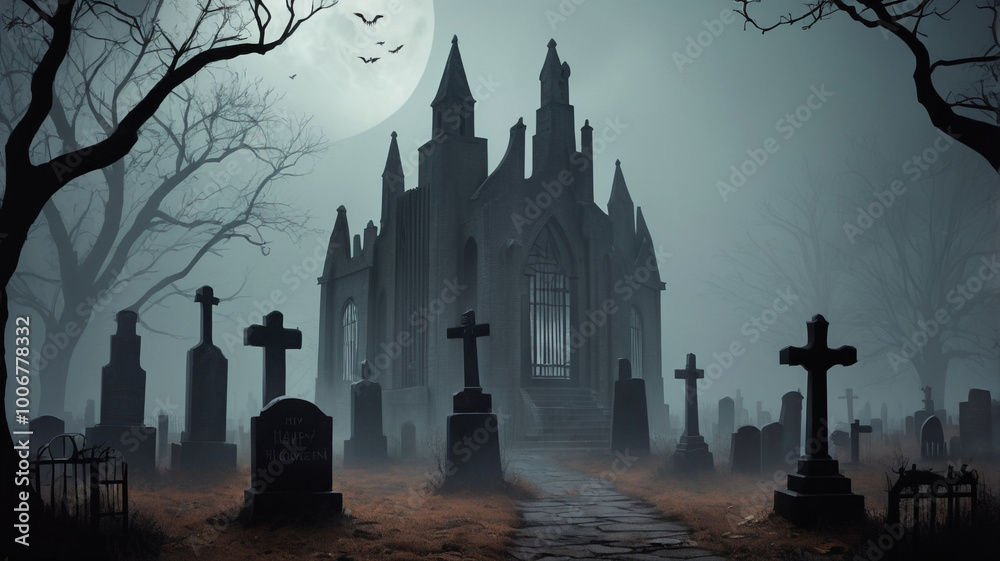 Spooky Halloween Graveyard Scene at Night Spooky Halloween Graveyard Scene at Night