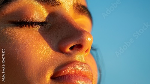 macro close up beauty shot of samantha ruth prabhu, eyes closed, skin cheek, bright clear daylight, blue skys background,real photography  photo