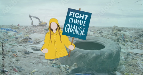 Image of caucasian girl with fight climate change placard over rubbish at landfill photo