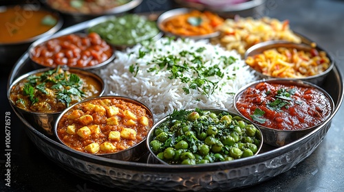 Indian Cuisine Thali Platter with Rice Curries and Vegetable Dishes