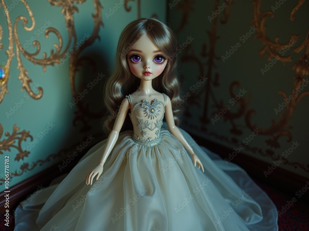 Ethereal doll dressed in elegant gown in a vintage-style parlor Ethereal doll dressed in elegant gown in a vintage-style parlor