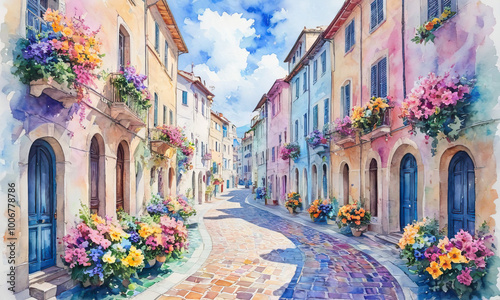 Watercolor of winding street in a colorful Italian coastal town