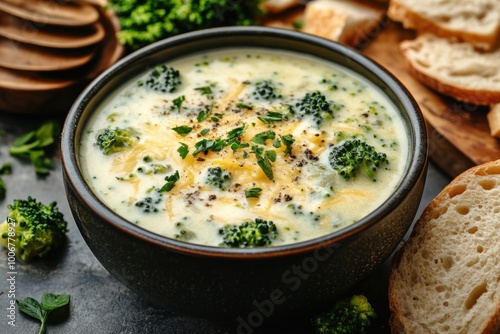 bowl of comforting broccoli cheddar soup with crusty bread, cozy comfort food banner with text space