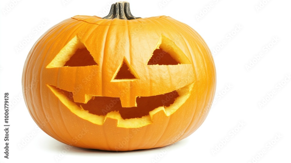 A close-up of a carved Halloween pumpkin with intricate designs, set against a white background, highlighting its craftsmanship and seasonal charm. A close-up of a carved Halloween pumpkin with intricate designs, set against a white background, highlighting its craftsmanship and seasonal charm.