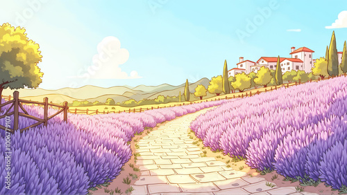 Watercolor painting of a winding cobblestone path through a lavender field, leading to a Mediterranean village