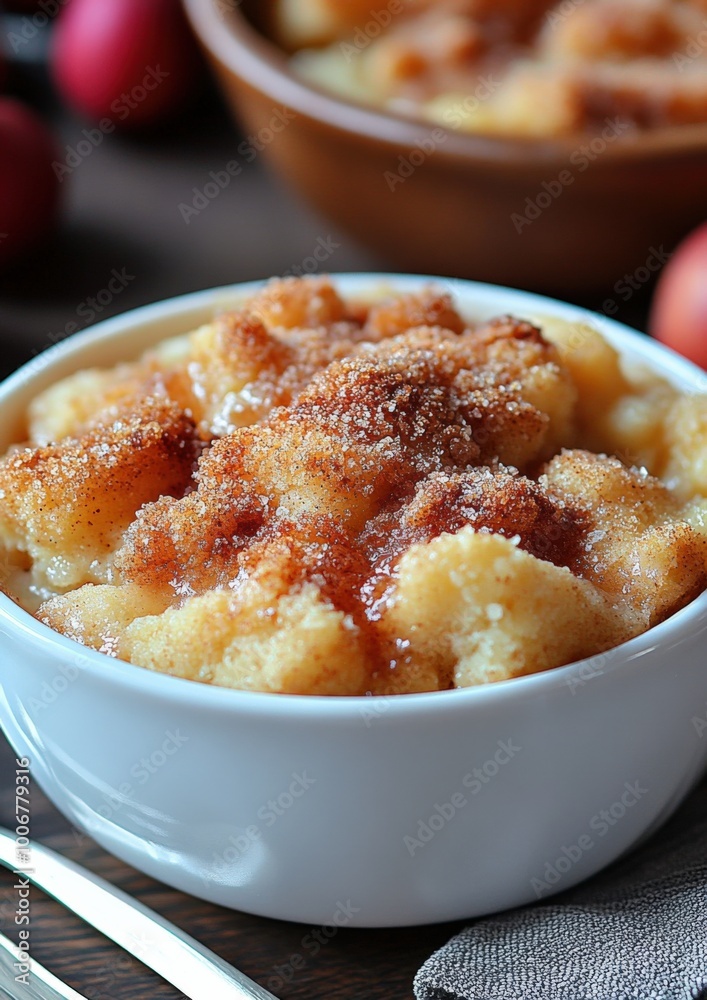 Delicious apple cobbler served in a white bowl with a sprinkle of cinnamon and sugar, showcasing a warm dessert perfect for cozy gatherings in the evening Delicious apple cobbler served in a white bowl with a sprinkle of cinnamon and sugar, showcasing a warm dessert perfect for cozy gatherings in the evening