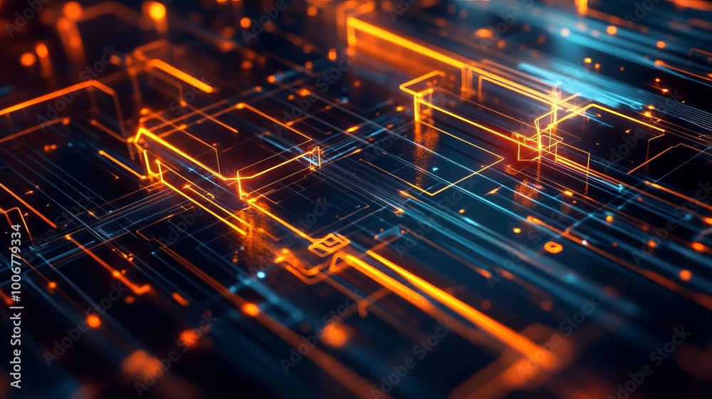 Interwoven glowing lines of orange and blue form a complex digital circuitry network, symbolizing advanced technology. Interwoven glowing lines of orange and blue form a complex digital circuitry network, symbolizing advanced technology.