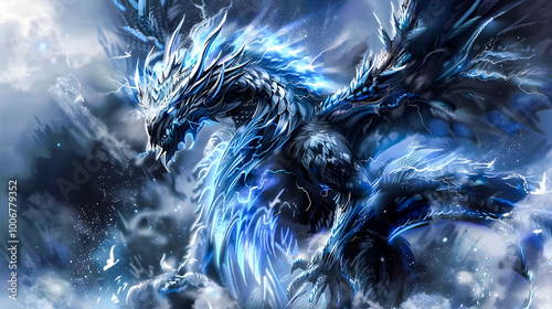 Epic 3D illustration of a powerful frost mecha dragon, armored in icy spikes, radiating a glowing blue aura. The knight stands tall amidst a raging snowstorm and icy mountains. Wallpaper for PC