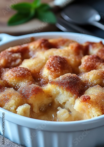 Delicious homemade bread pudding served warm in a white dish with a golden-brown top, perfect for a cozy dessert on a chilly evening